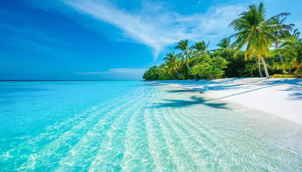 Plage de sable blanc et lagon turquoise